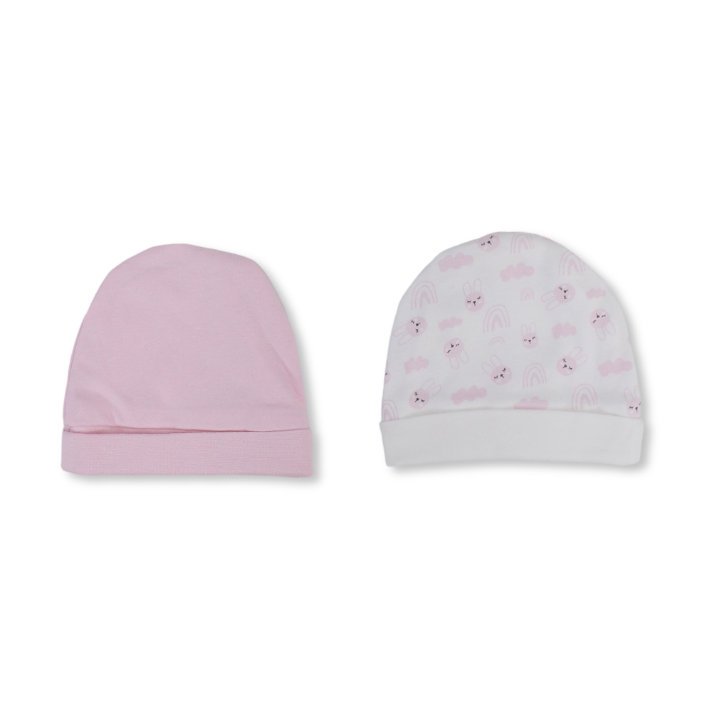 Baby Girls Cotton Beanie – Pink & Off-White with "Have a Nice Day" Design