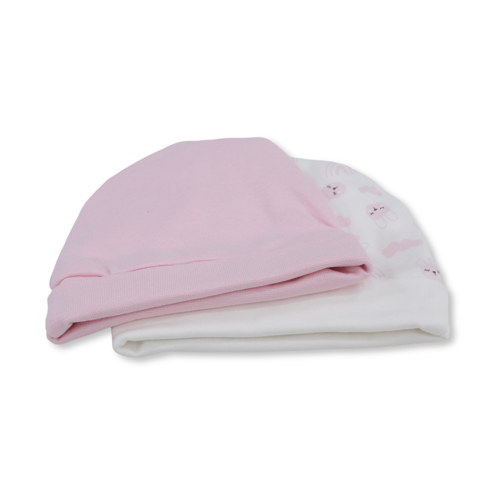 Baby Girls Cotton Beanie – Pink & Off-White with "Have a Nice Day" Design