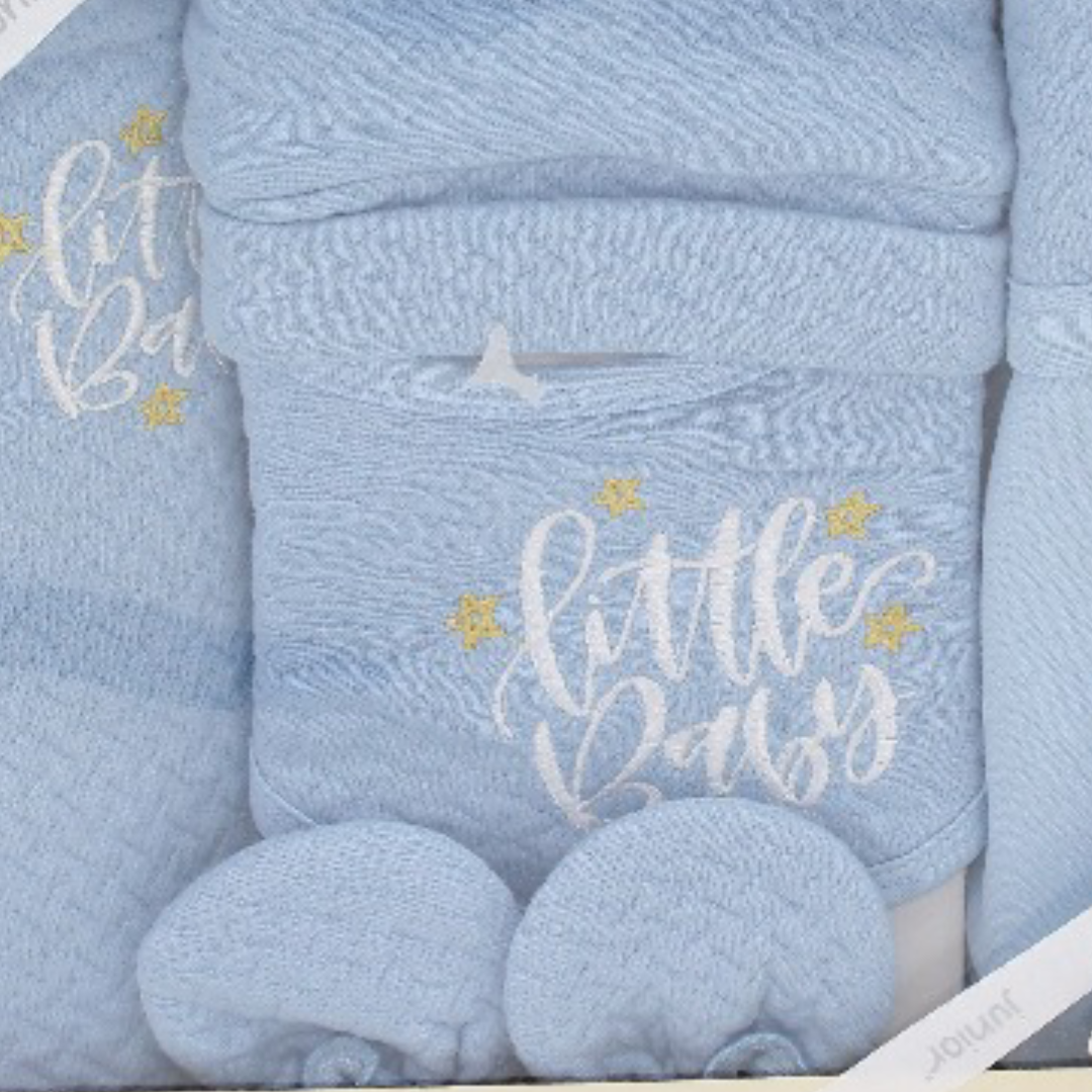 Unisex Baby Cotton Gift Clothes Box – Baby Blue with "Little Baby" Embroidery