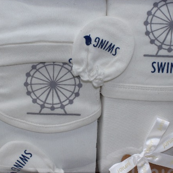 Unisex Baby Cotton Gift Clothes Box 5Pcs – Off-White with "Swing" Print