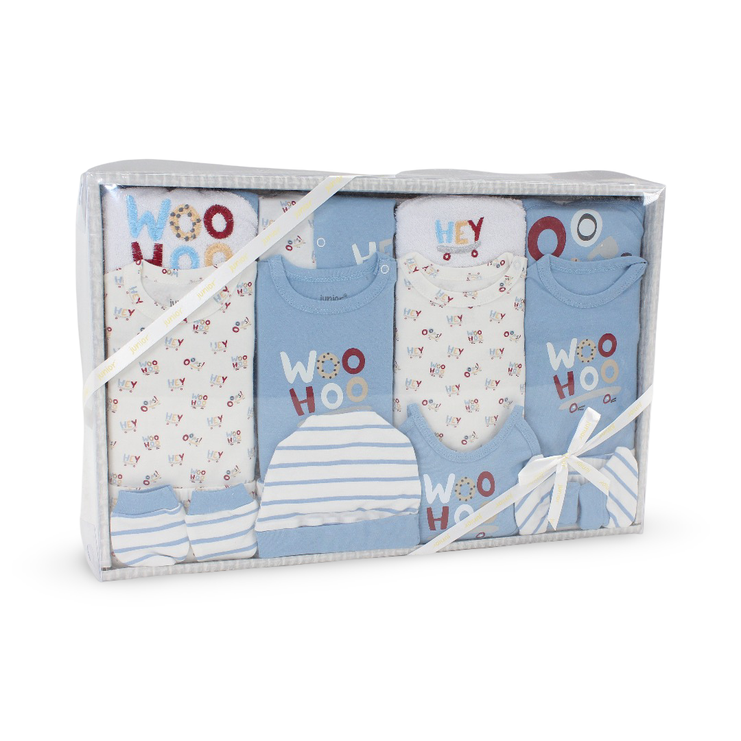 Baby Boys Gift Clothes Box 20Pcs – Off-White & Baby Blue with "Woo Hoo" Embroidery