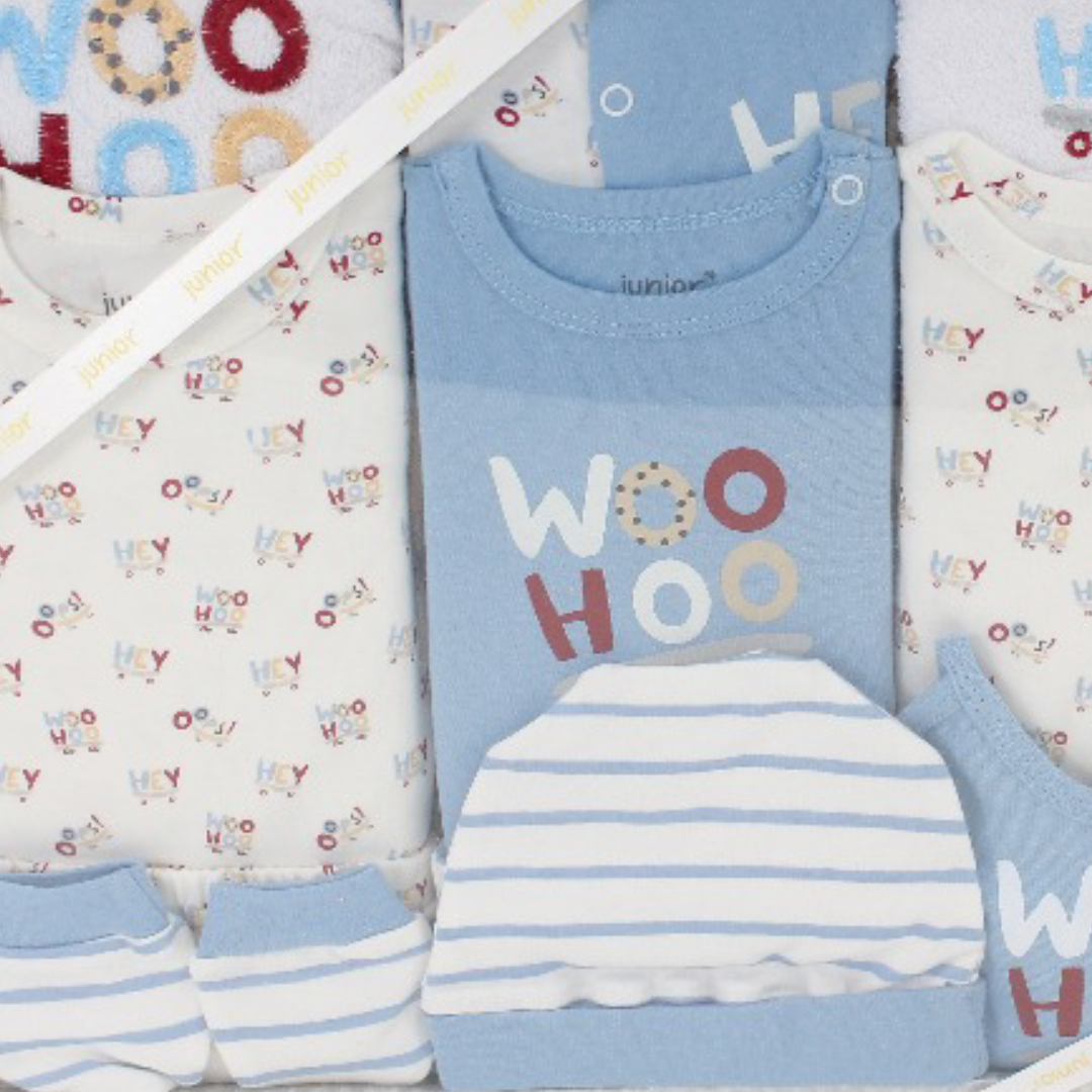 Baby Boys Gift Clothes Box 20Pcs – Off-White & Baby Blue with "Woo Hoo" Embroidery