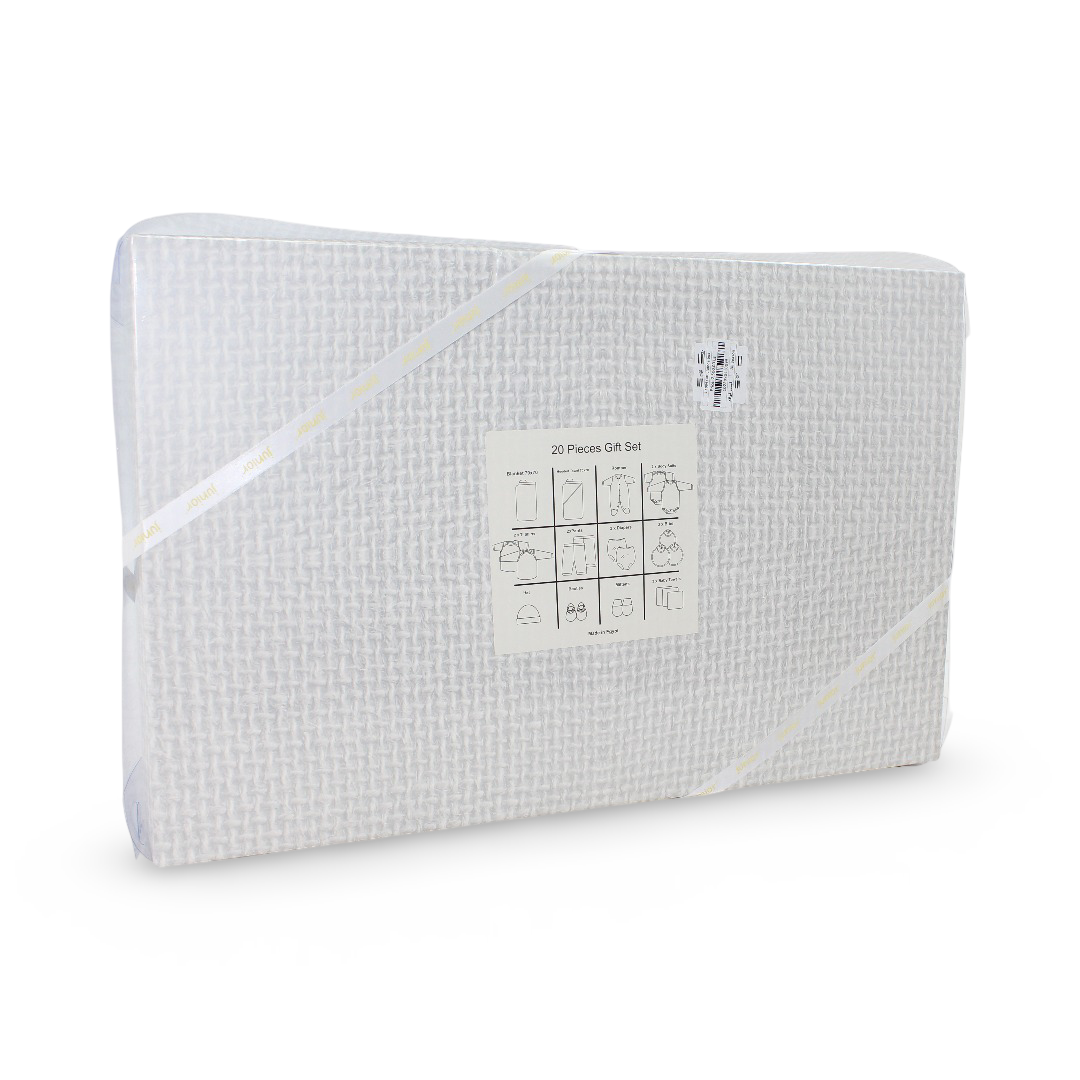 Baby Boys Gift Clothes Box 20Pcs – Off-White & Baby Blue with "Woo Hoo" Embroidery