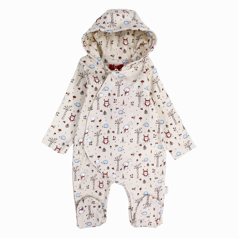 Baby Boys Cotton Hooded Baby Footie - Beige with Animals Print