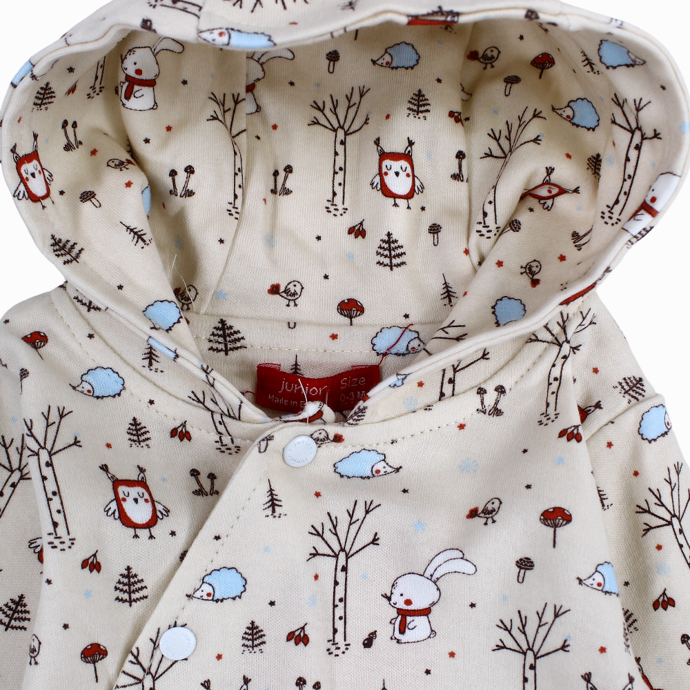 Baby Boys Cotton Hooded Baby Footie - Beige with Animals Print