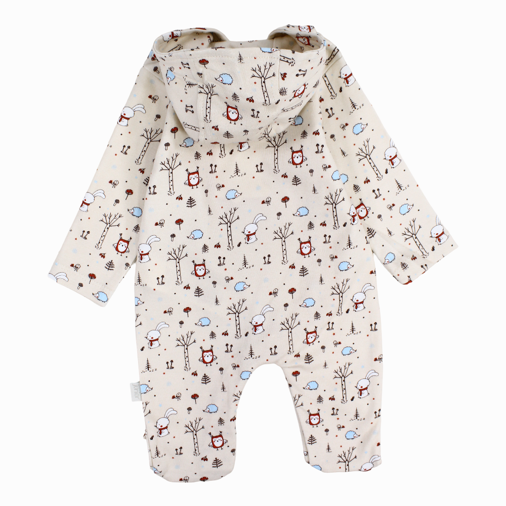 Baby Boys Cotton Hooded Baby Footie - Beige with Animals Print
