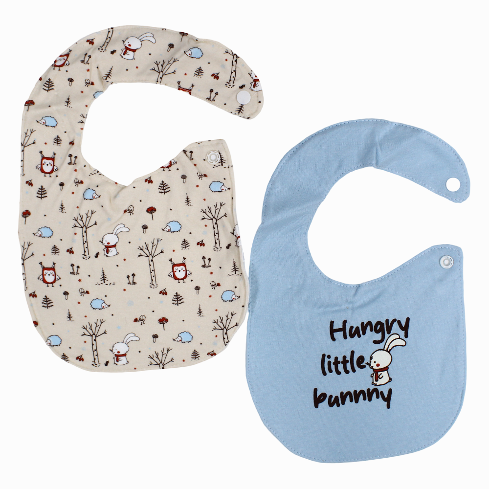 Soft Cotton Baby Bib – Baby Blue & Beige with "Hungry Little Bunny" Print (2Pcs)