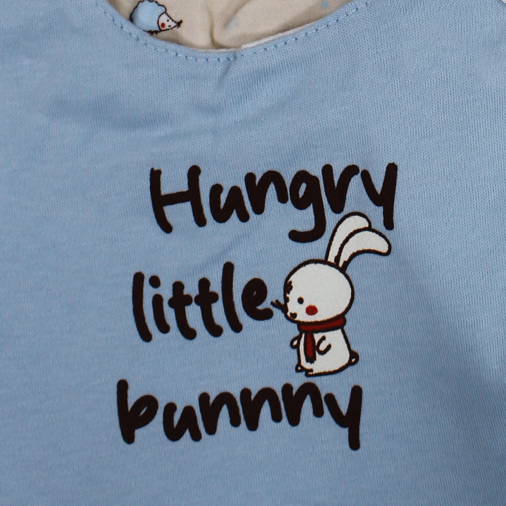 Soft Cotton Baby Bib – Baby Blue & Beige with "Hungry Little Bunny" Print (2Pcs)