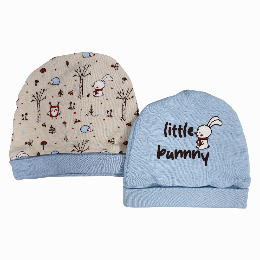Baby Boys Cotton Beanie - Light Blue & Beige with a Little Bunny Design (2Pcs)