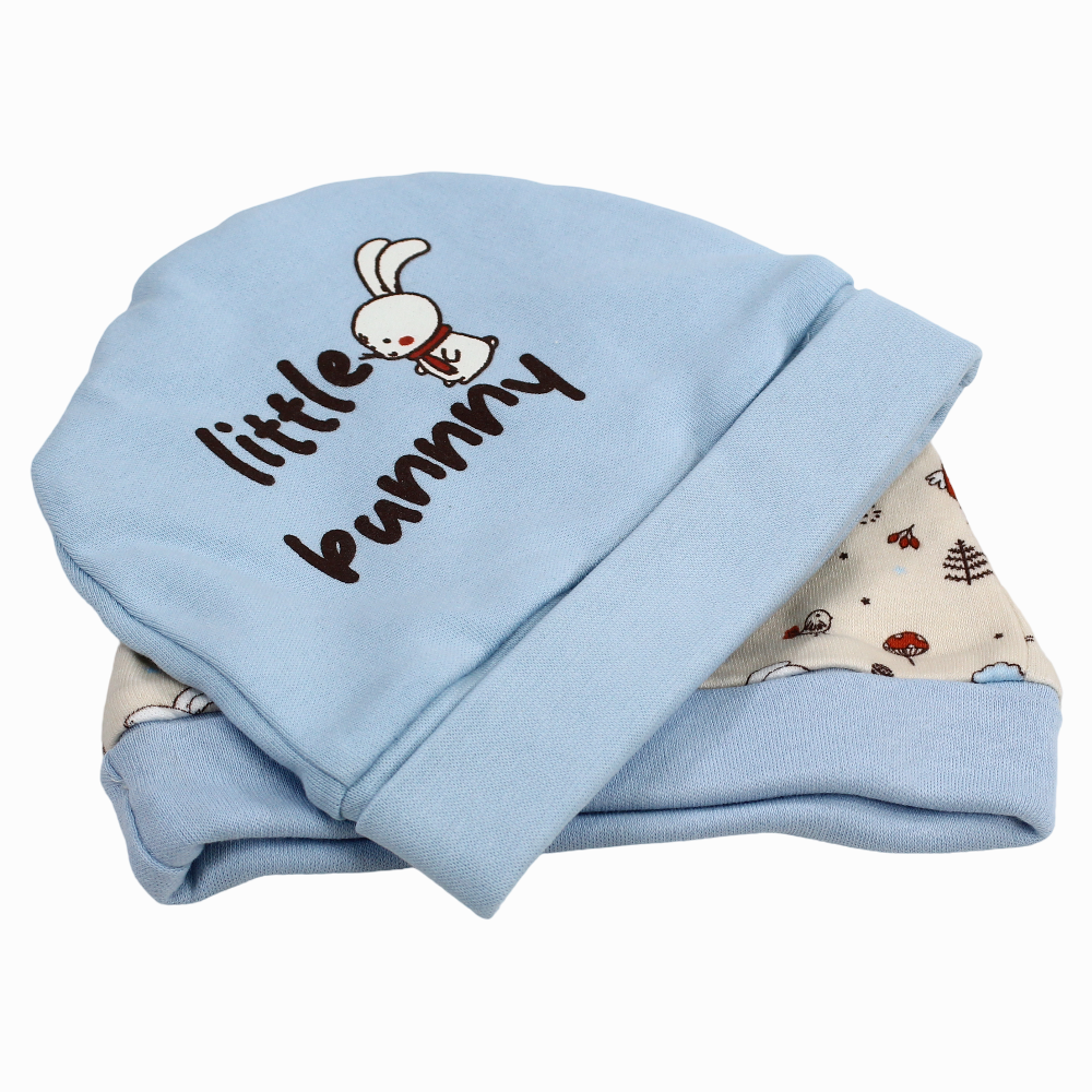 Baby Boys Cotton Beanie - Light Blue & Beige with a Little Bunny Design (2Pcs)