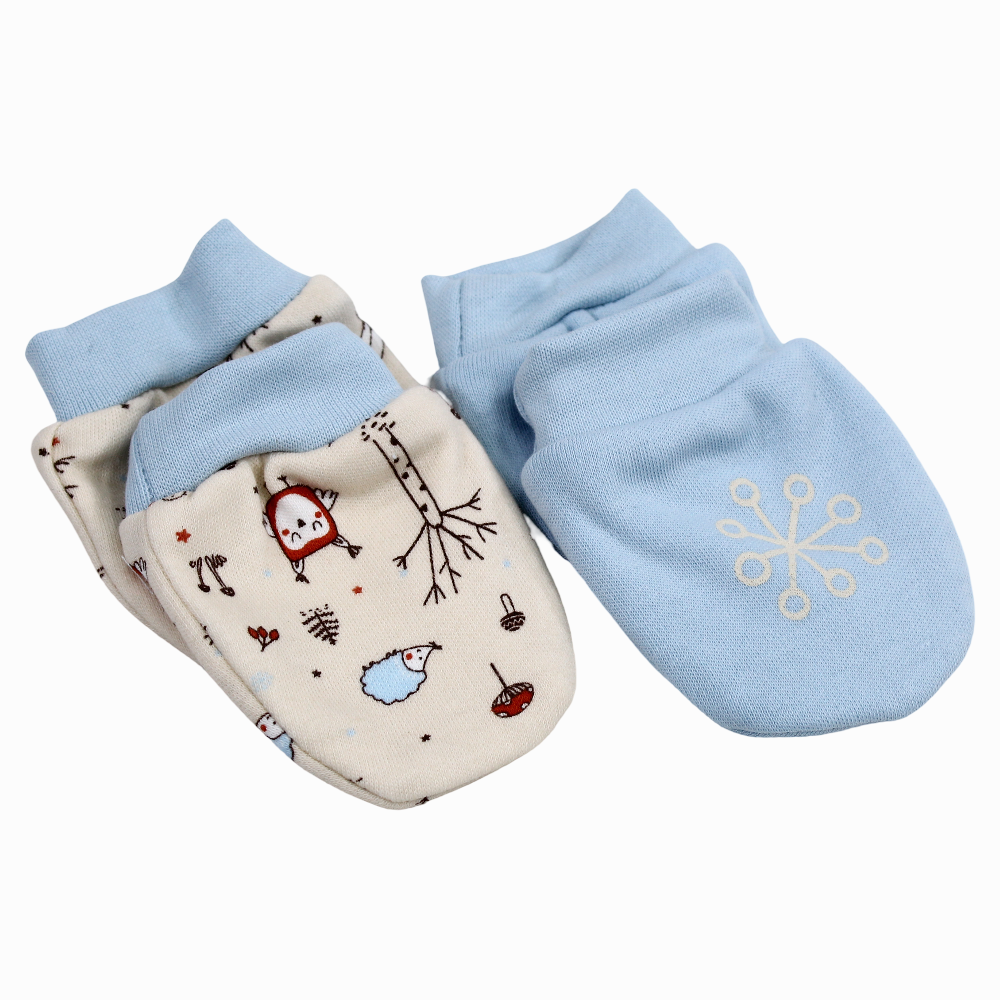 Baby Boys Cotton Hand Mittens - Baby Blue & Beige with Animals Design (2Pcs)