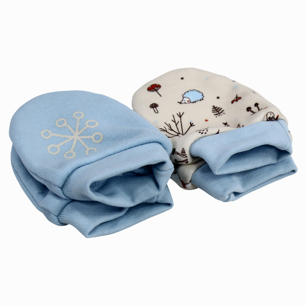 Baby Boys Cotton Hand Mittens - Baby Blue & Beige with Animals Design (2Pcs)