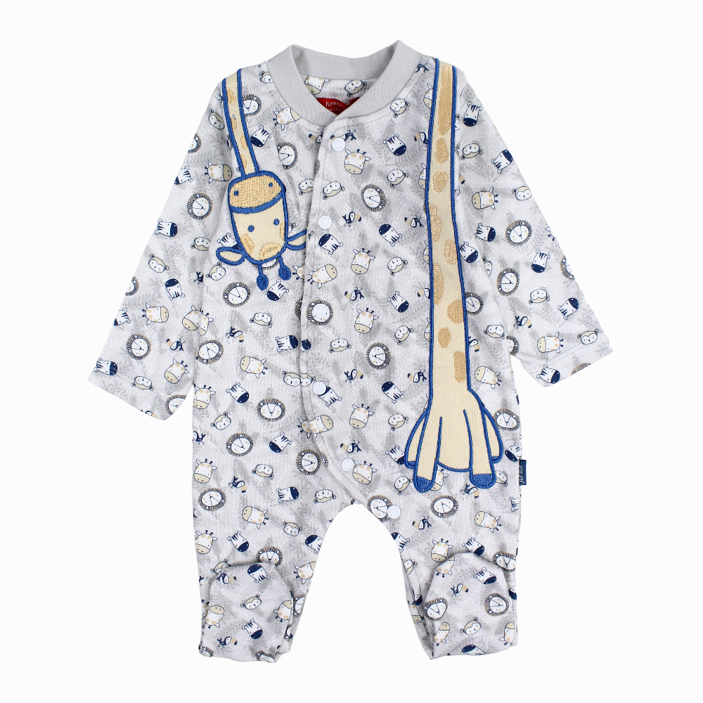 Baby Boys Cotton Baby Footie - Grey with Wild Animals Print