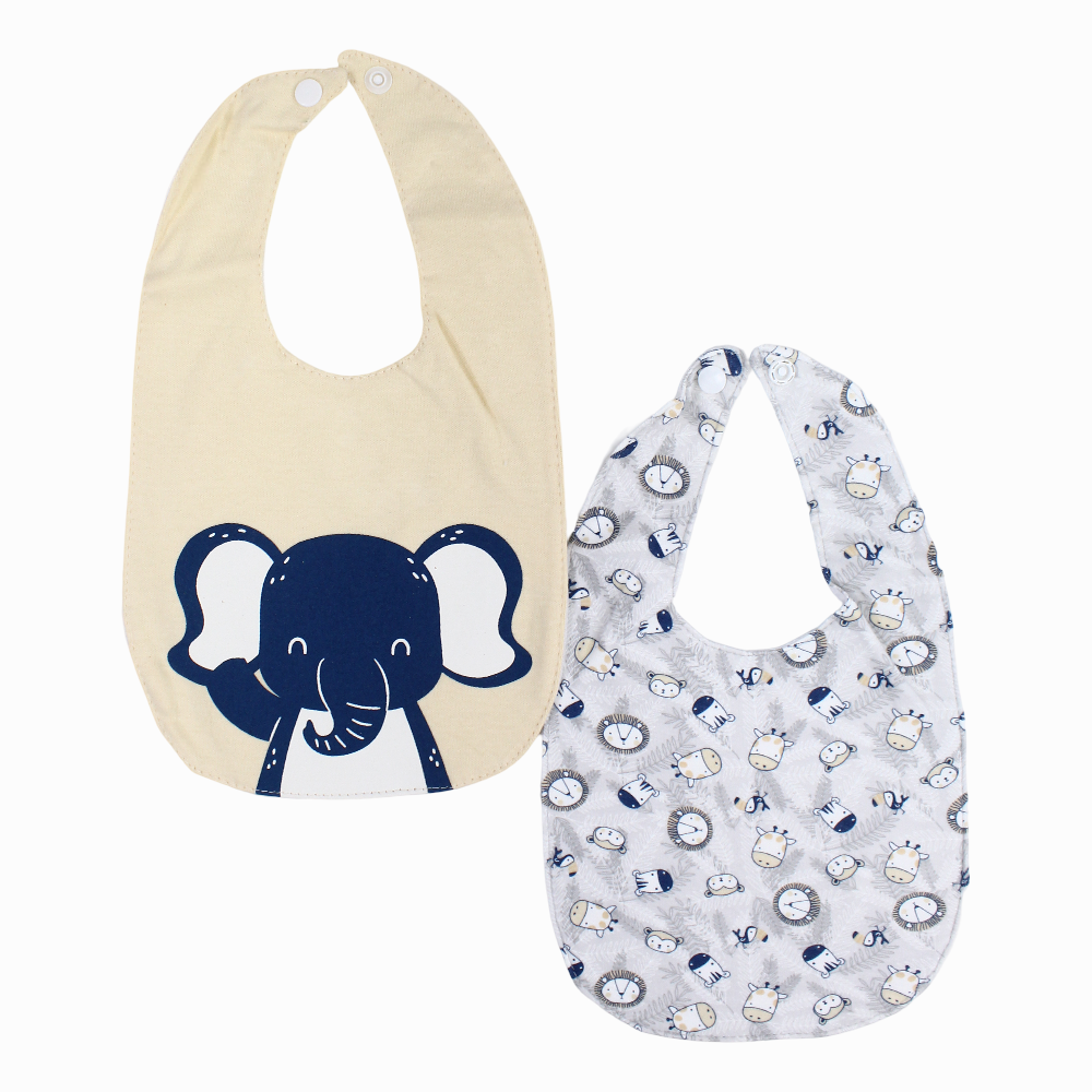 Soft Cotton Baby Bib – Beige & Grey with Animal Print (2Pcs)