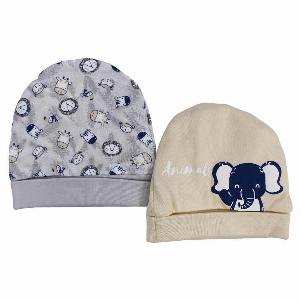 Baby Boy Cotton Ice Cap – Beige & Grey with Animal Design (2Pcs)