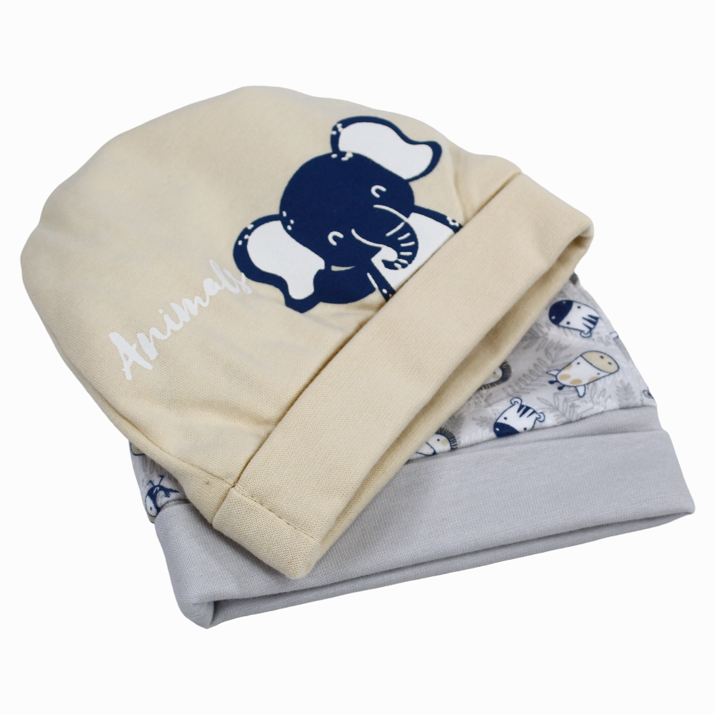 Baby Boy Cotton Ice Cap – Beige & Grey with Animal Design (2Pcs)