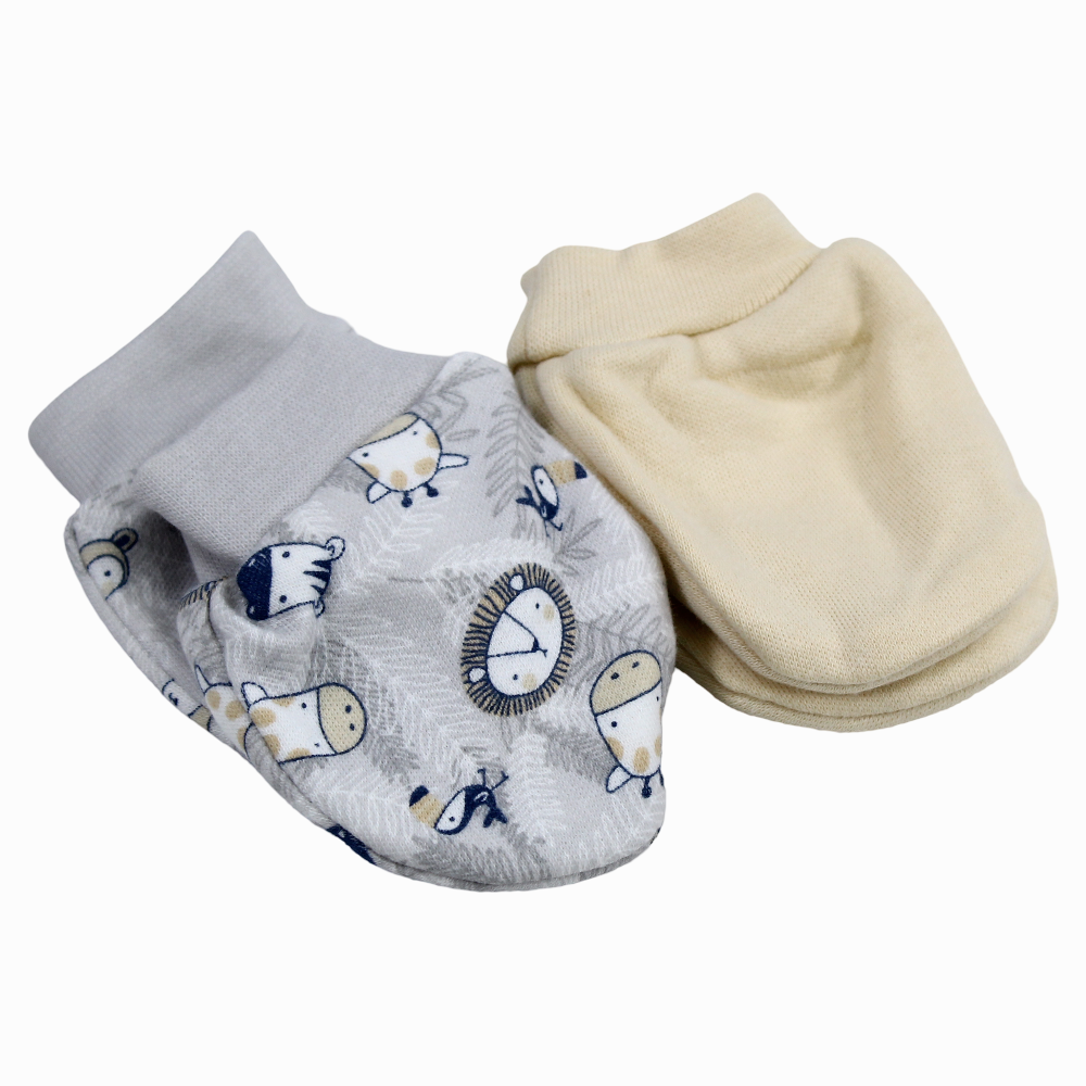 Baby Boy Cotton Gloves – Beige & Grey with Animal Design (2Pcs)