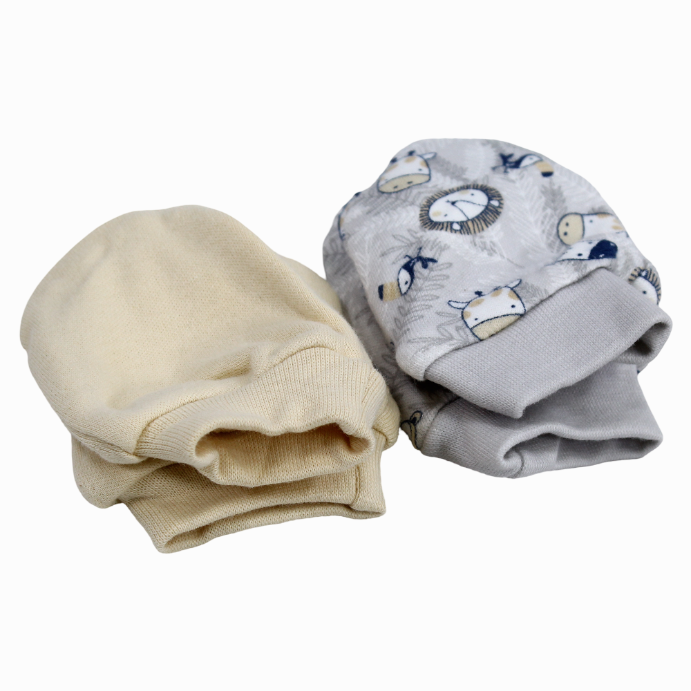 Baby Boy Cotton Gloves – Beige & Grey with Animal Design (2Pcs)