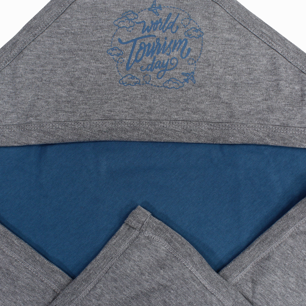 Cotton Baby Boy Blanket  – Grey & Indigo With “Tourism Day” Design