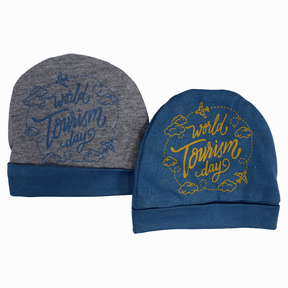 Baby Boy Cotton Ice Cap – Indigo & Grey with “Tourism Day” Design (2Pcs)