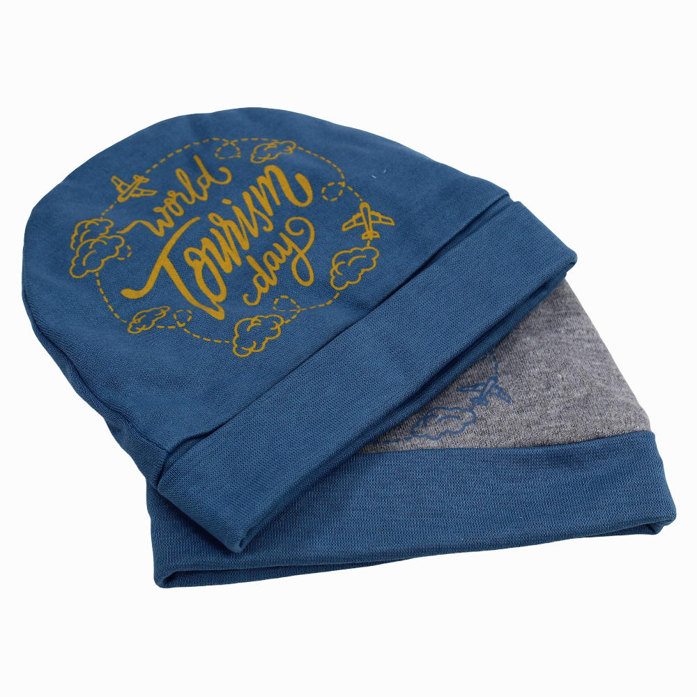 Baby Boy Cotton Ice Cap – Indigo & Grey with “Tourism Day” Design (2Pcs)