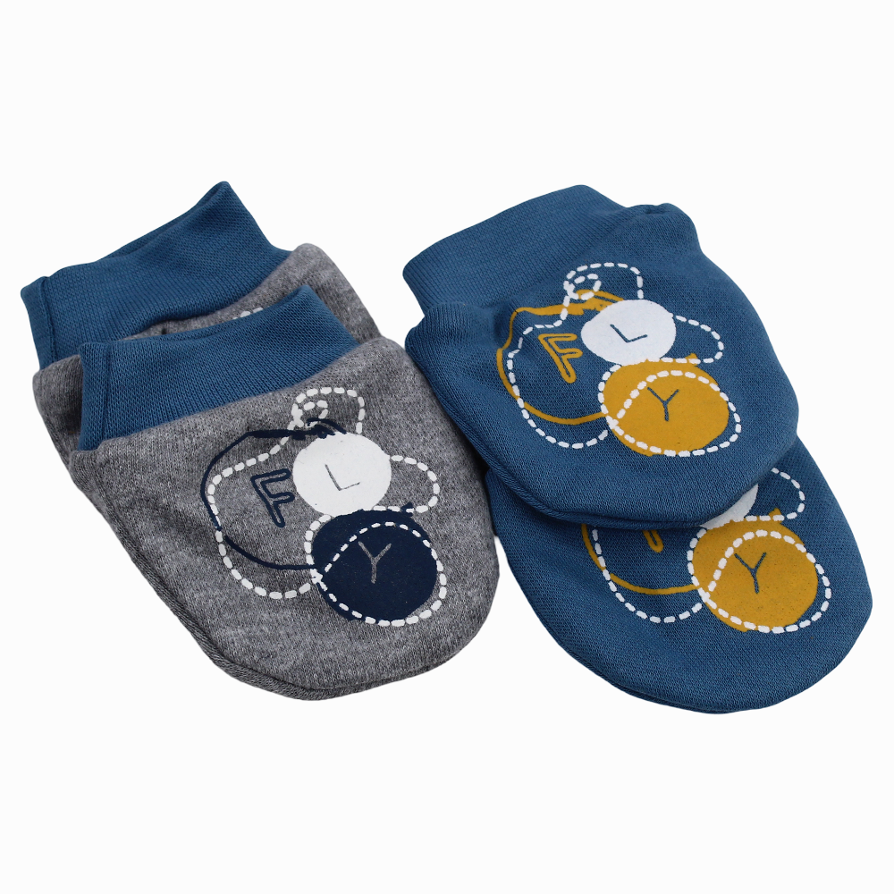 Baby Boy Cotton Gloves  – Indigo & Grey with “Tourism Day” Design (2Pcs)