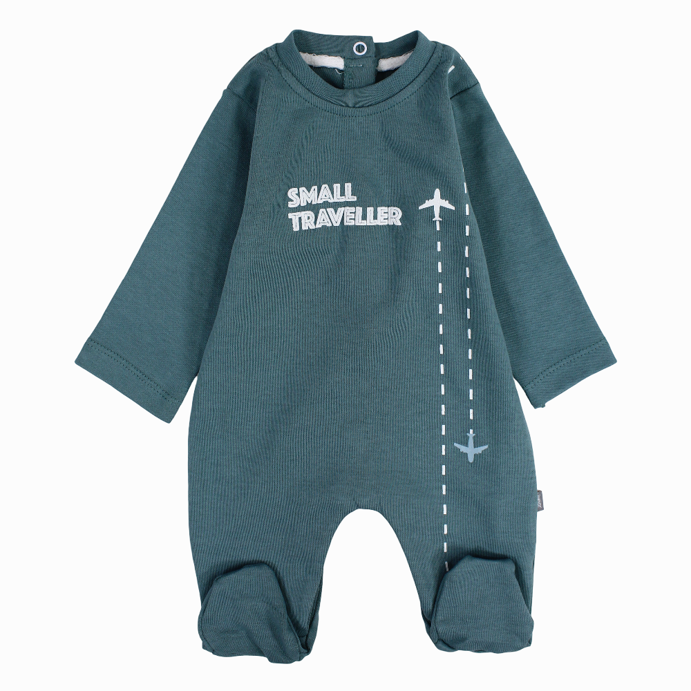 Baby Boys Cotton Baby Footie - Mint with “SMALL TRAVELLER” Print