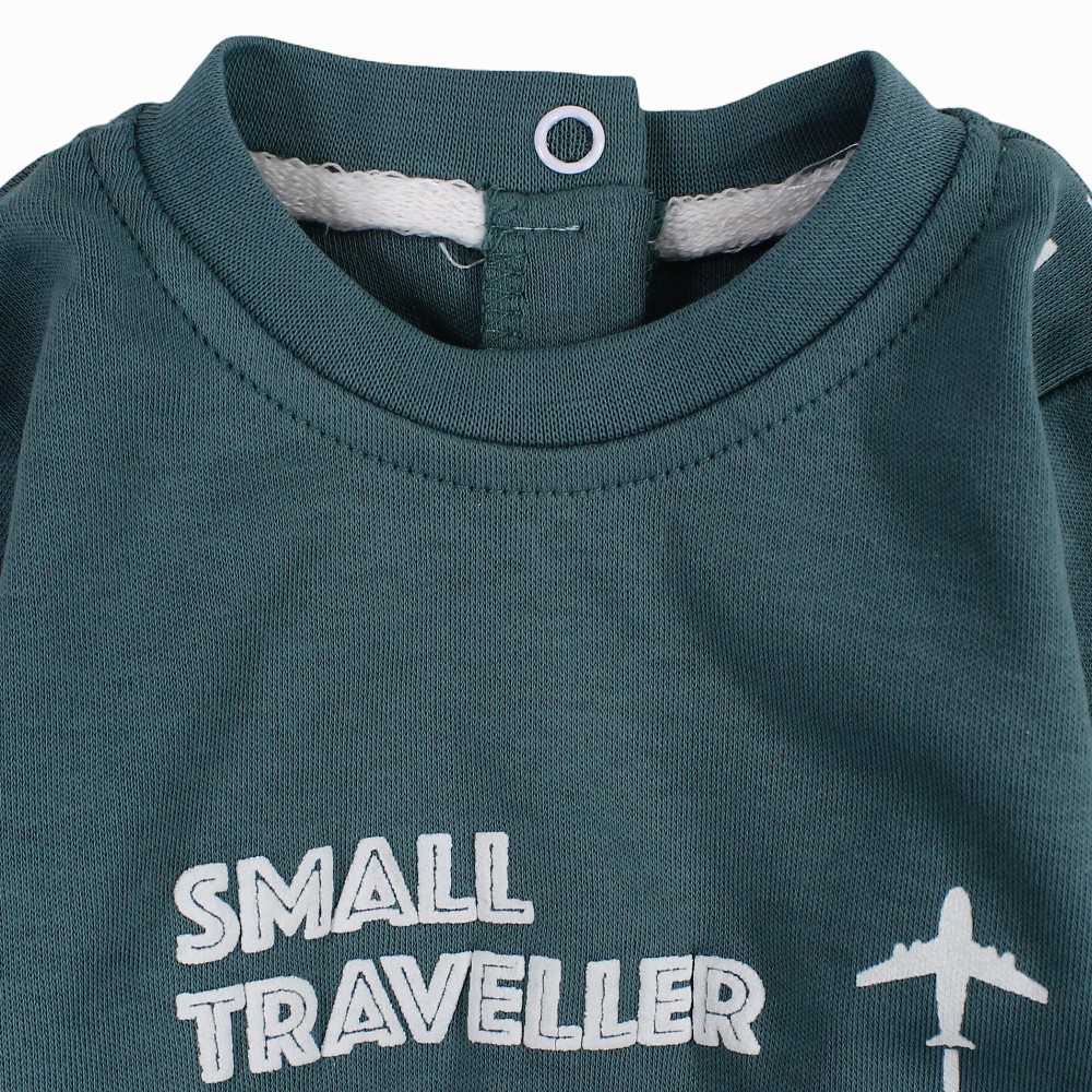 Baby Boys Cotton Baby Footie - Mint with “SMALL TRAVELLER” Print