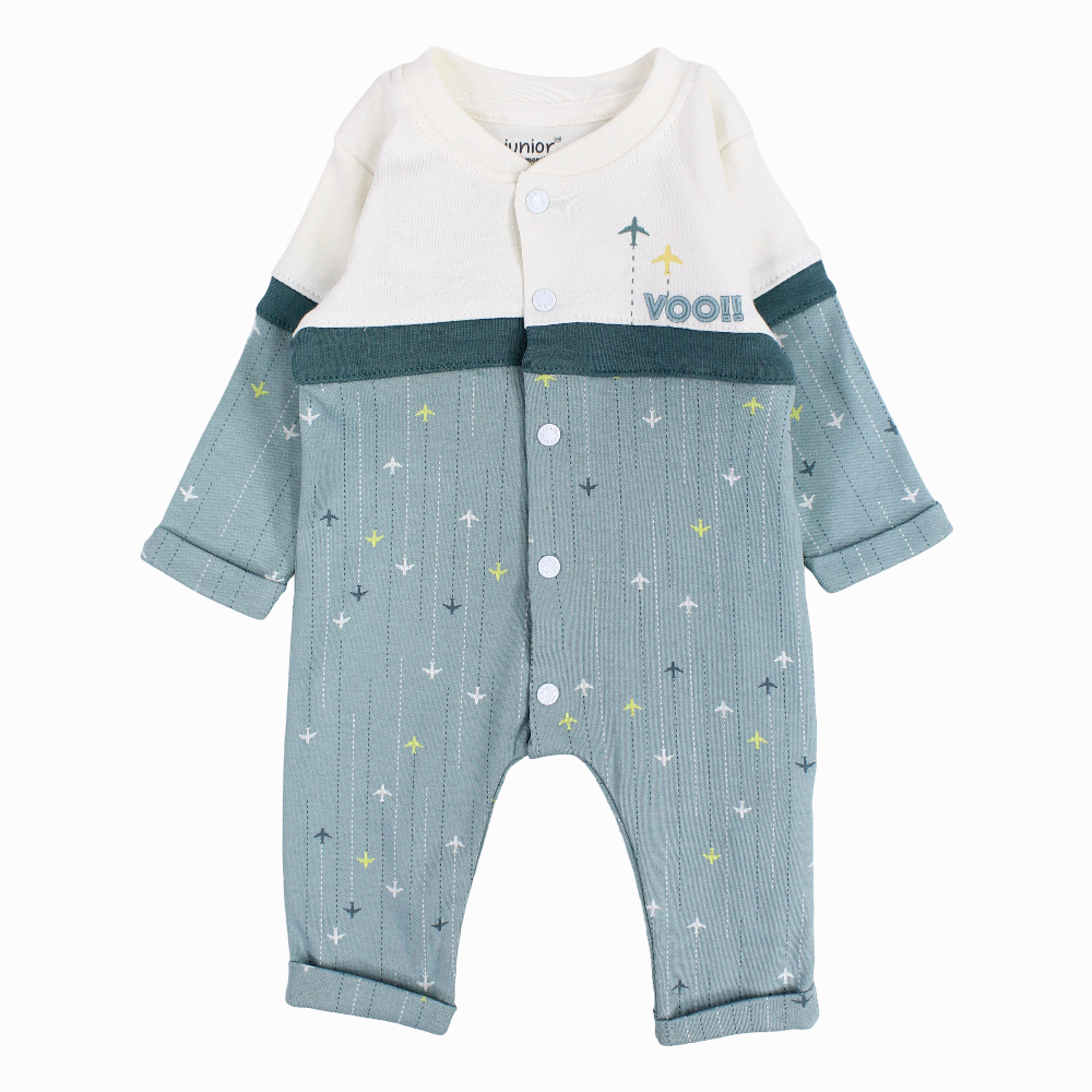 Baby Boy Cotton Onesie - Mint with Airplane “!!VOO” Print