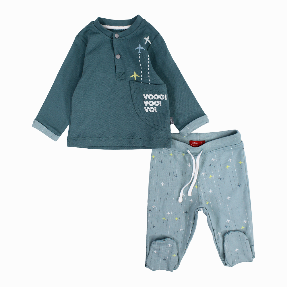 Baby Boys Cotton Pajama Set - Mint with Airplane “VOO!!” Print