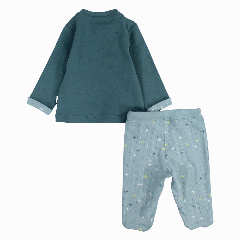 Baby Boys Cotton Pajama Set - Mint with Airplane “VOO!!” Print