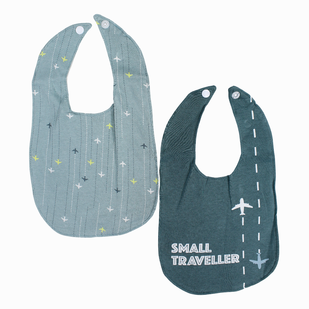 Soft Cotton Baby Bib – Mint with “Small Traveler” & Airplane Print (2Pcs)