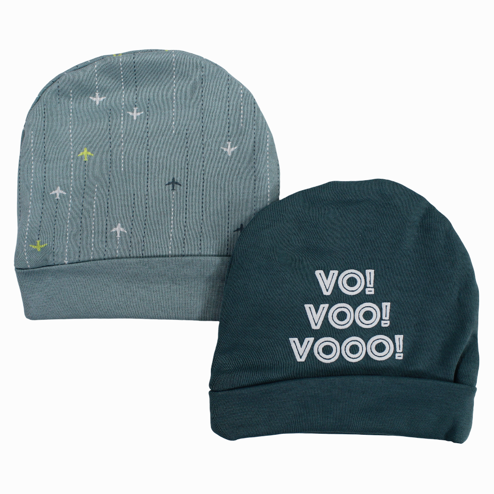 Baby Boy Cotton Ice Cap – Mint with Airplane “!!VOO” Design (2Pcs)