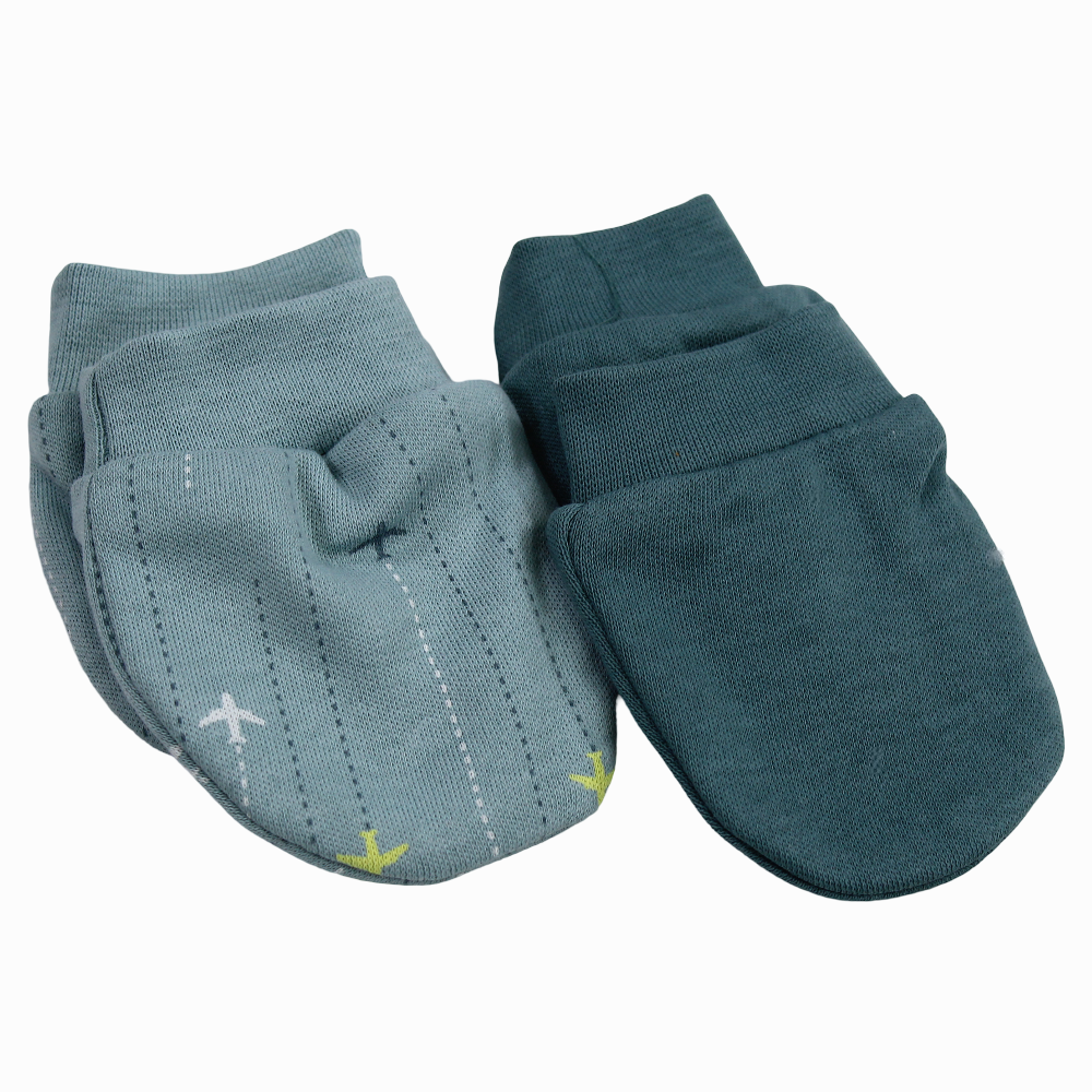 Baby Boy Cotton Gloves – Mint with Airplane Design (2Pcs)
