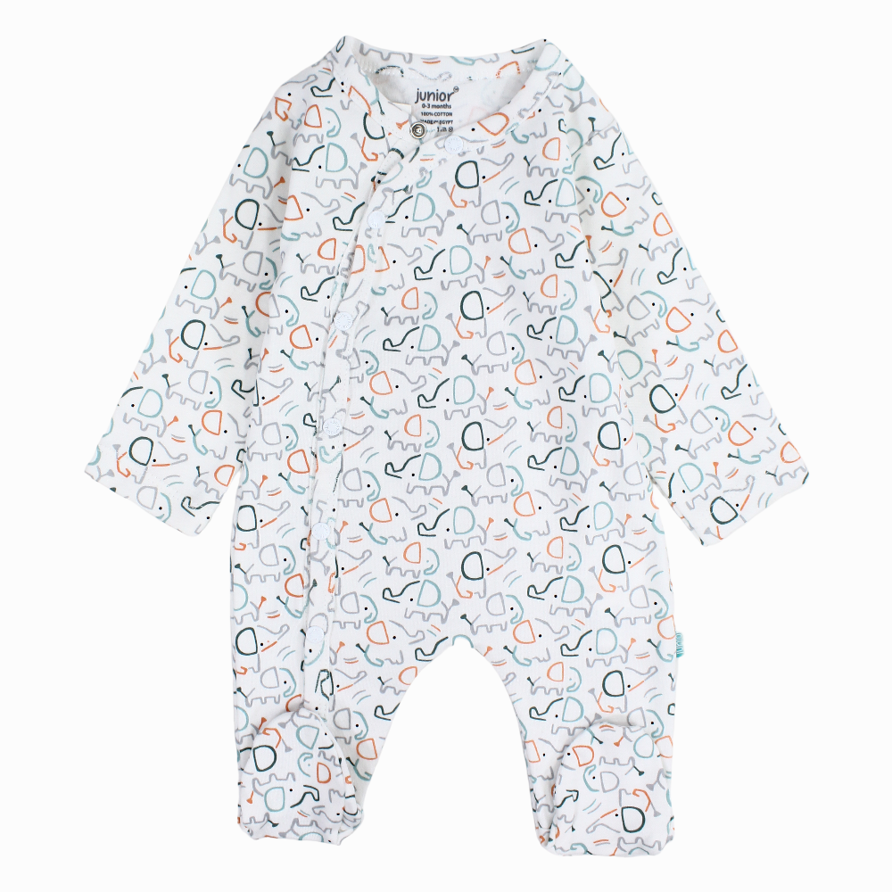 Baby Boy  Cotton Onesie - Offwhite with Elephant Print