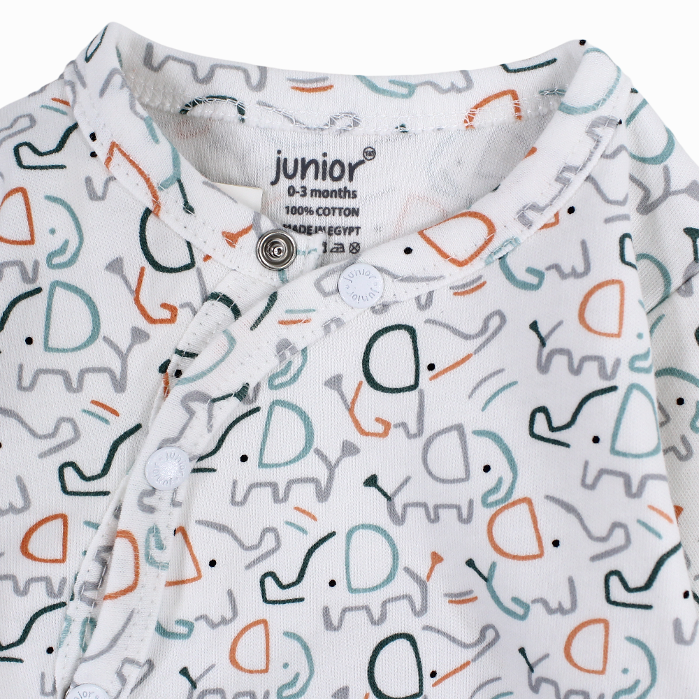 Baby Boys Cotton Baby Footie - Off-white with Elephant Print