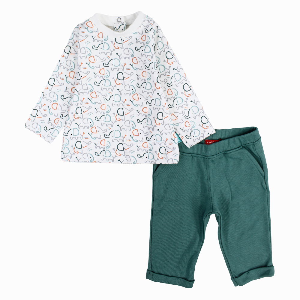 Baby Boys Cotton Pajama Set – Off-white & Mint with Elephant Print