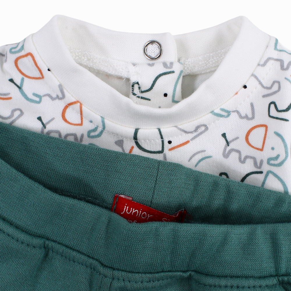 Baby Boys Cotton Pajama Set – Off-white & Mint with Elephant Print