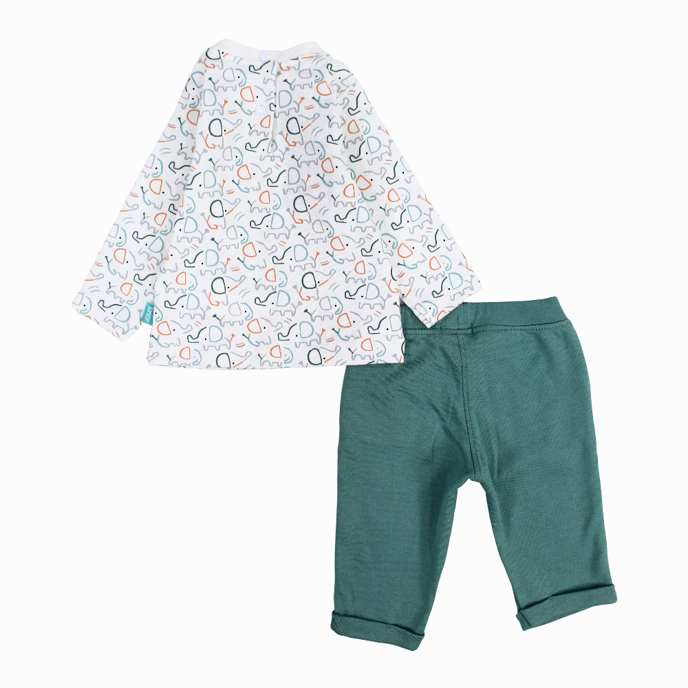 Baby Boys Cotton Pajama Set – Off-white & Mint with Elephant Print