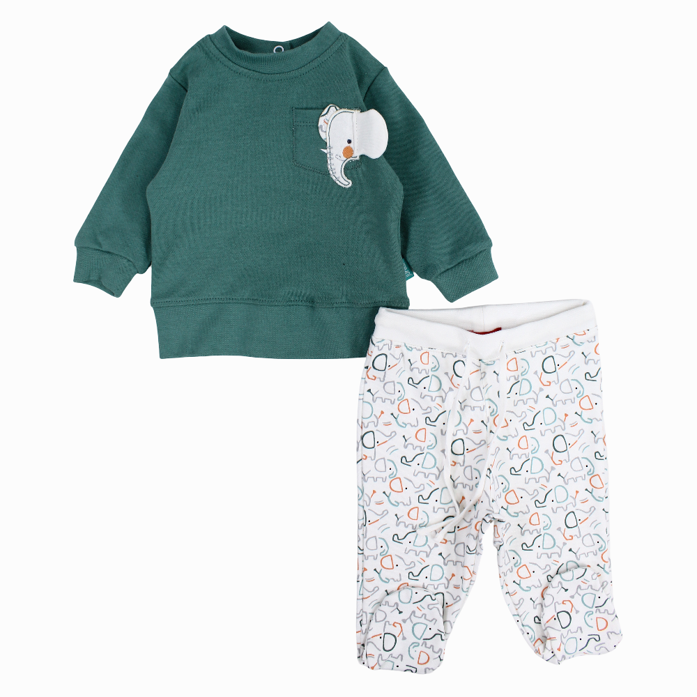 Baby Boys Cotton Pajama Set – Mint & Off-white with Elephant Print