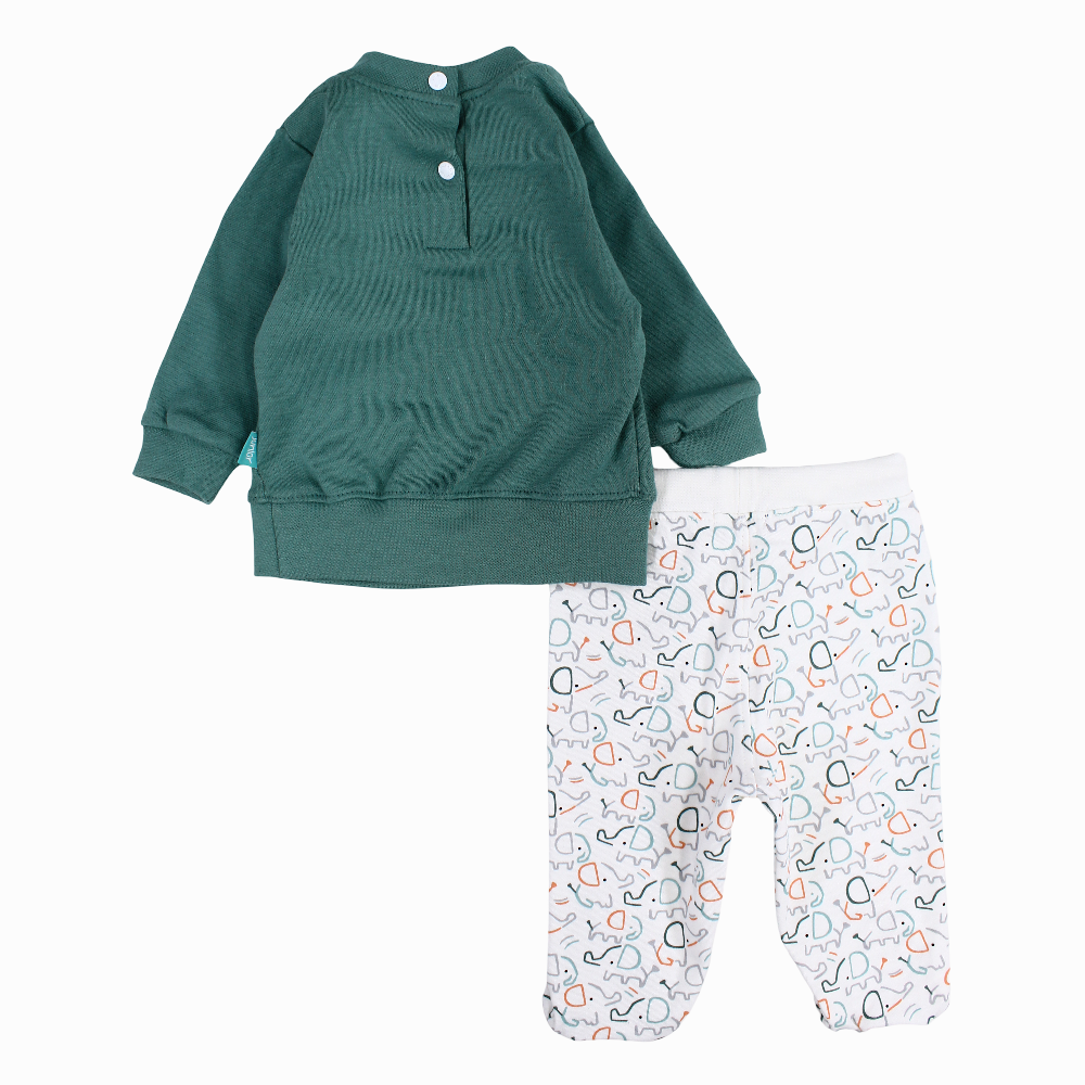 Baby Boys Cotton Pajama Set – Mint & Off-white with Elephant Print
