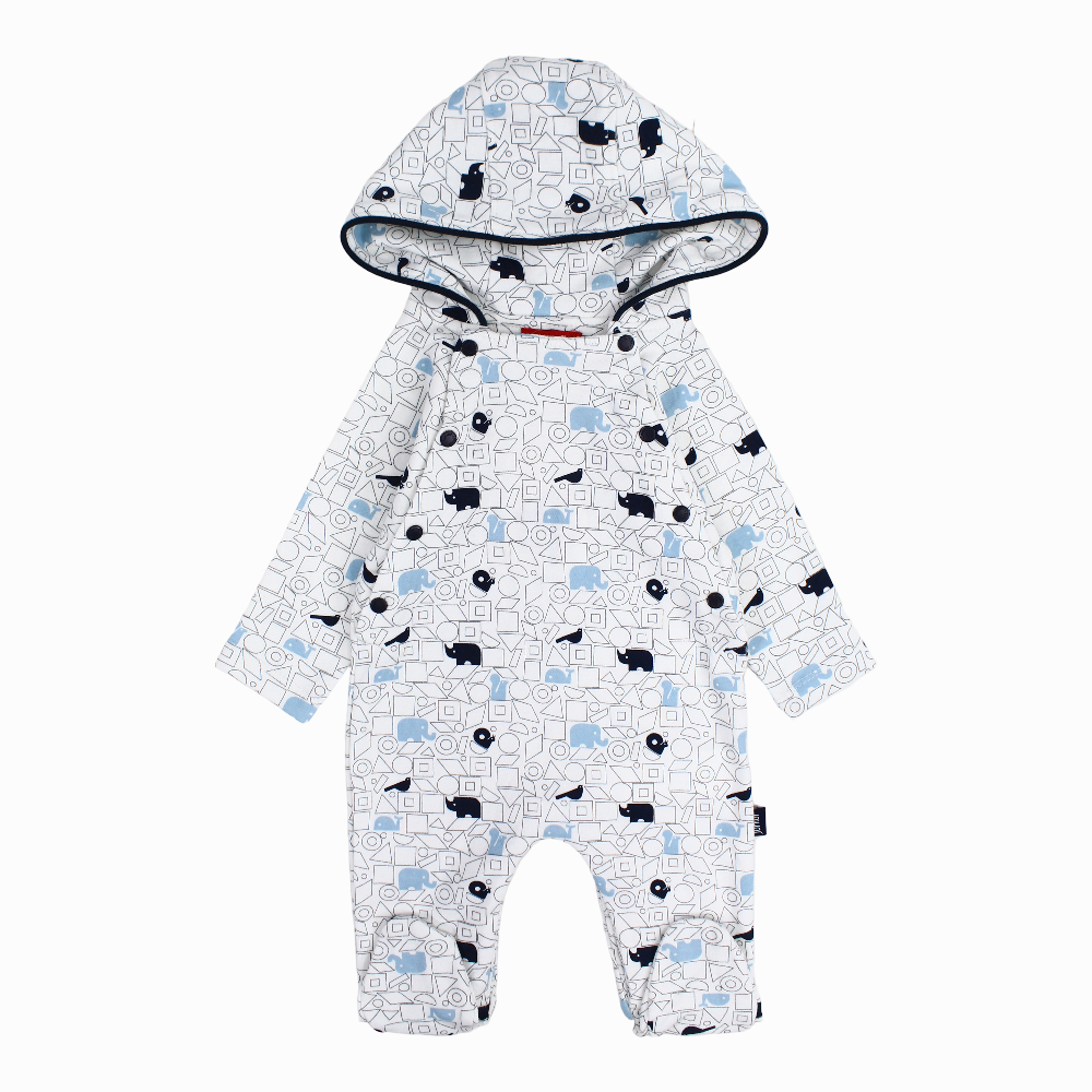 Baby Boys Cotton Hooded Baby Footie – Off-white with a Cute Print