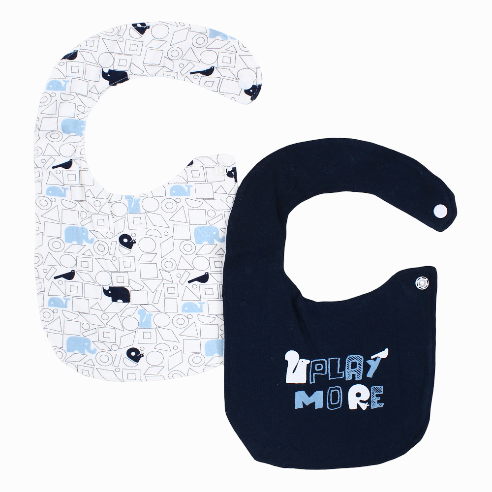 Cotton Bib – Navy & Off-White with "Play More" Print (2 Pcs)