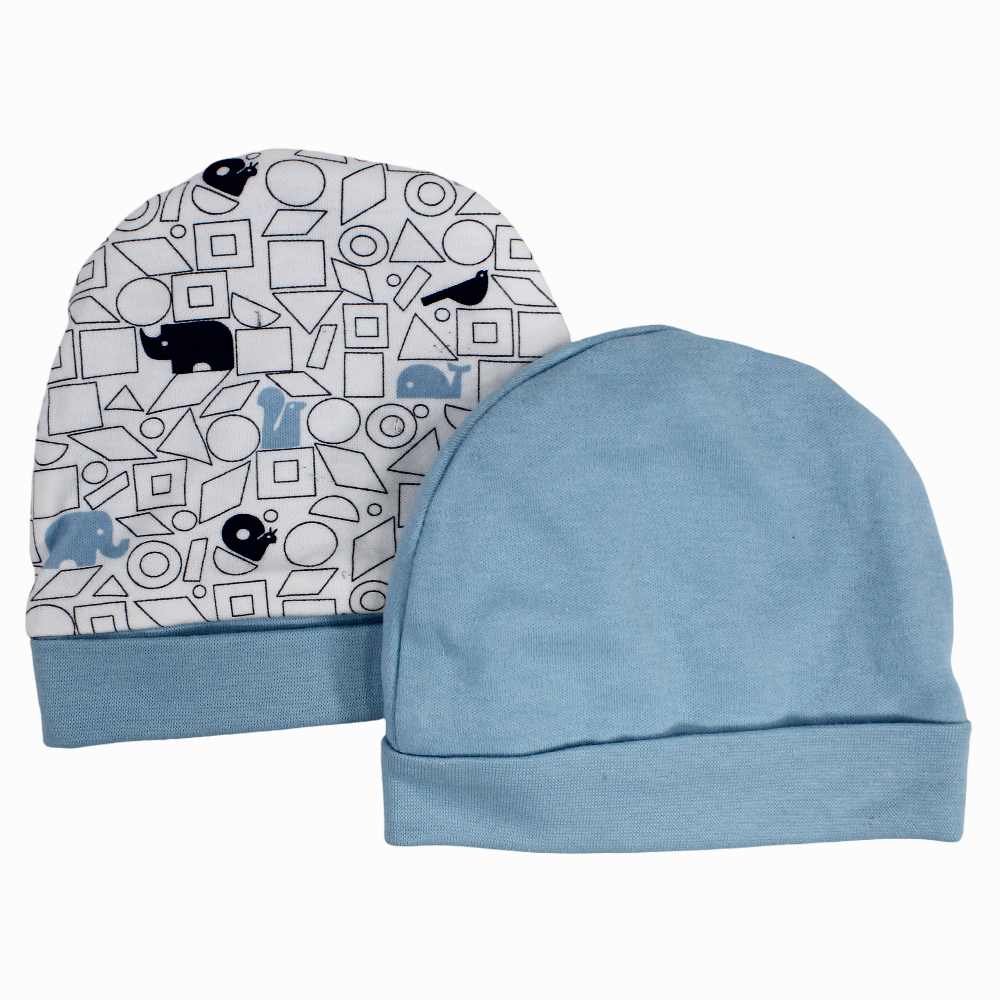 Baby Boys Cotton Beanie - Blue & Off-white with a Cute Print (2Pcs)