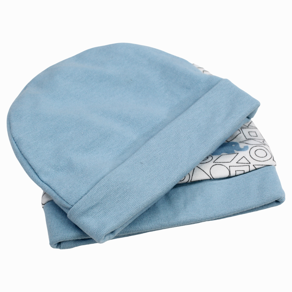 Baby Boys Cotton Beanie - Blue & Off-white with a Cute Print (2Pcs)