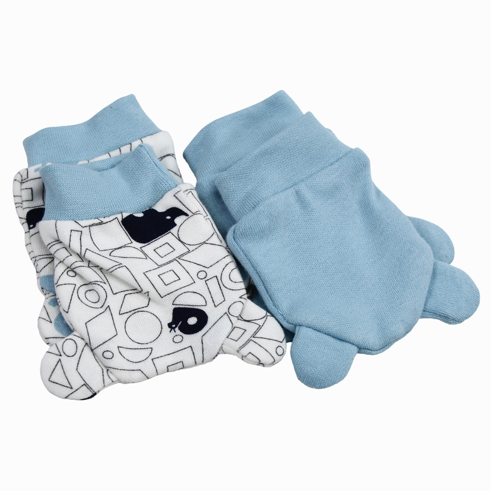 Baby Boys Cotton Hand Mittens – Blue & Off-White with a Cute Print (2Pcs)