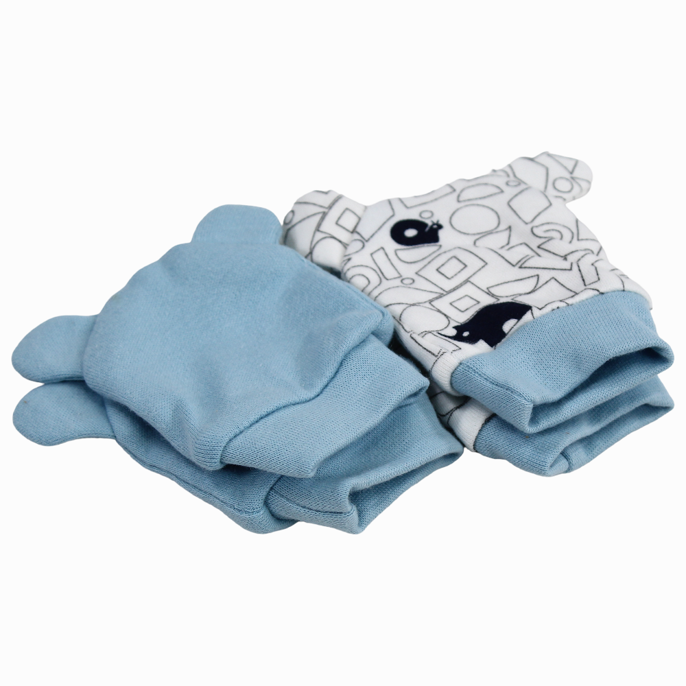 Baby Boys Cotton Hand Mittens – Blue & Off-White with a Cute Print (2Pcs)