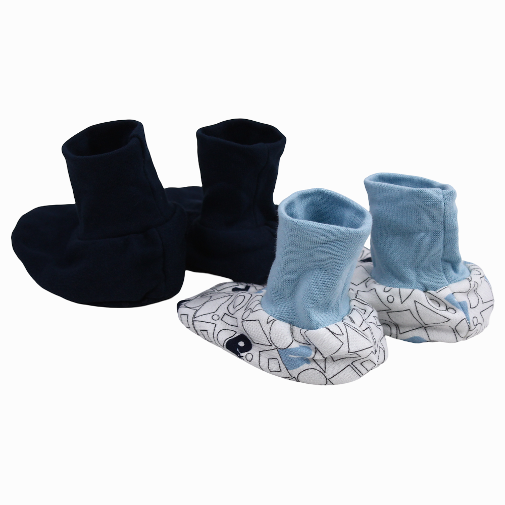 Baby Boys Cotton Footies - Blue & Off-White with a Cute Print (2Pcs)