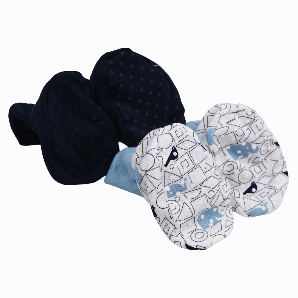 Baby Boys Cotton Footies - Blue & Off-White with a Cute Print (2Pcs)