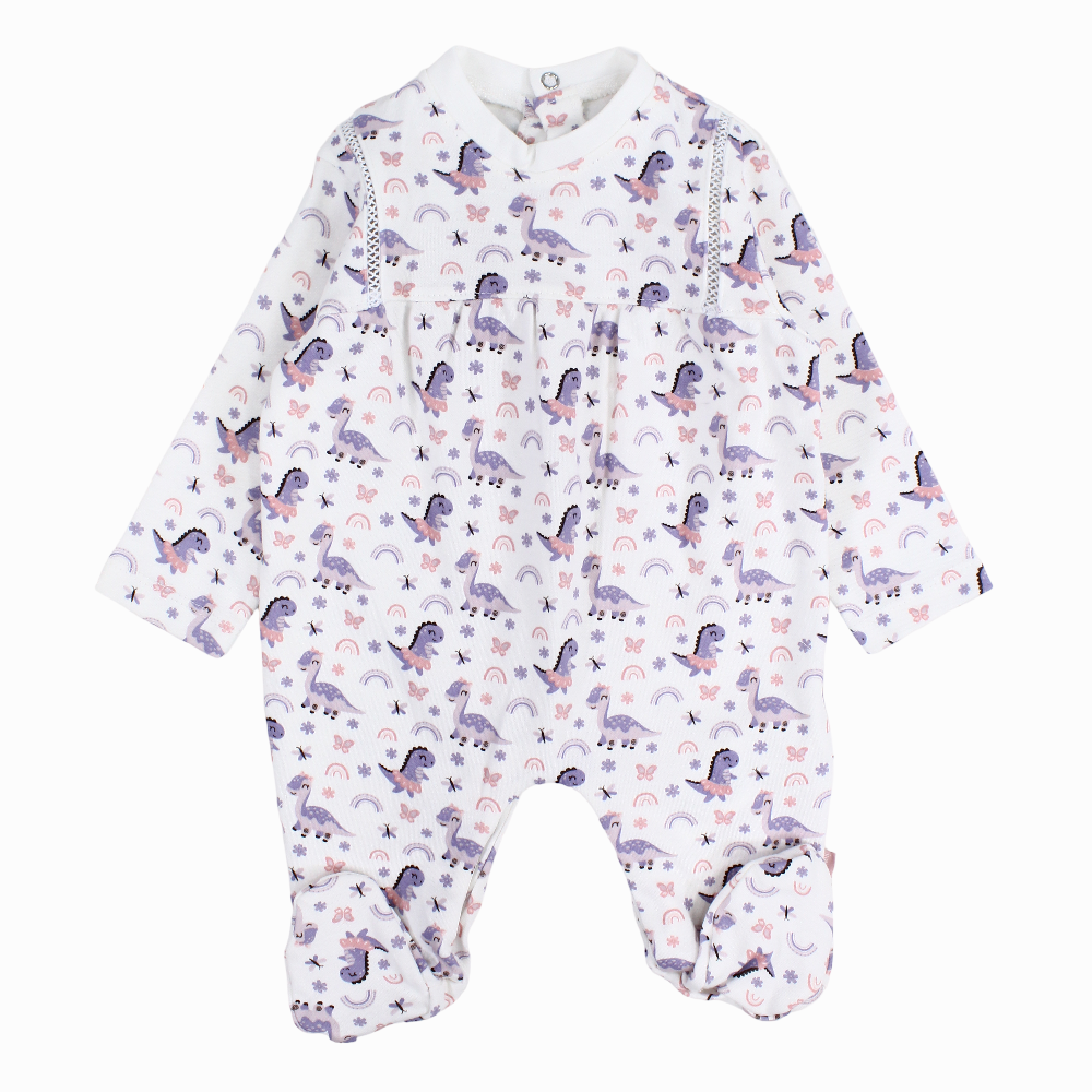 Baby Girls Cotton Baby Footie – Off-White with Dino Print